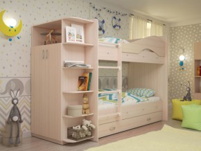 Кровать 2-х ярусная Мая с ящиками и шкафом на латофлексах млечный дуб в Тарко-Сале - tarko-sale.magazinmebel.ru | фото